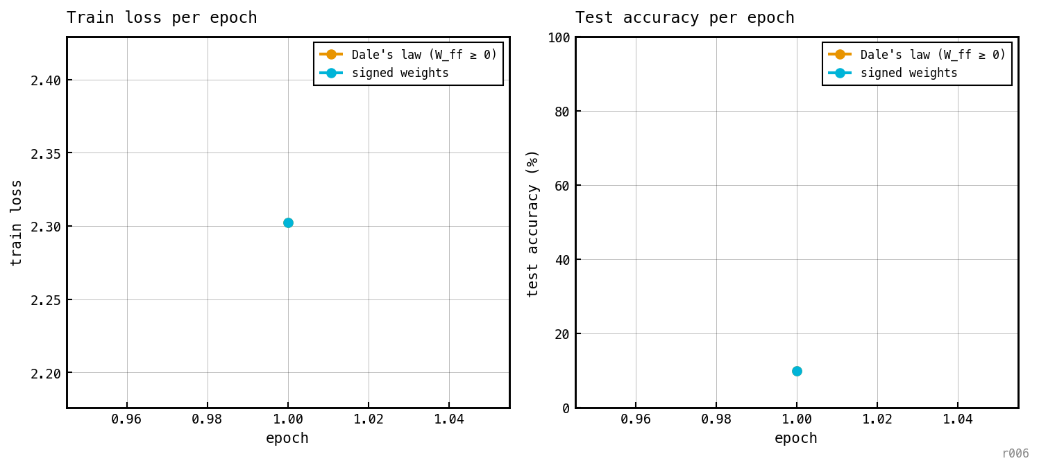 Two panels: train loss per epoch (left) and test accuracy per epoch (right), with one curve per cell overlaid.