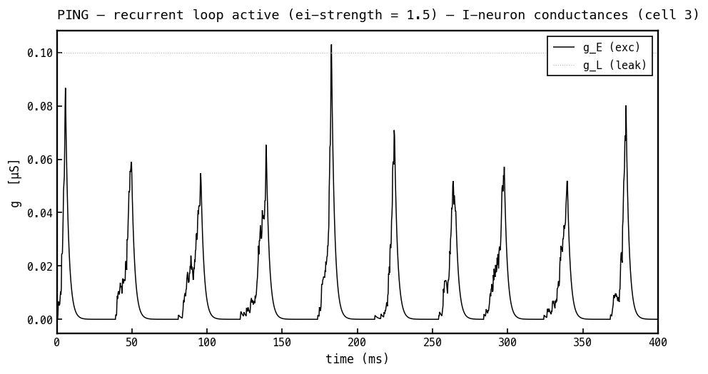 Conductances on the I neuron: g_E (black) tracking the E-spike envelope, g_L (faint dotted) fixed. No g_I because the I neuron receives no inhibition.