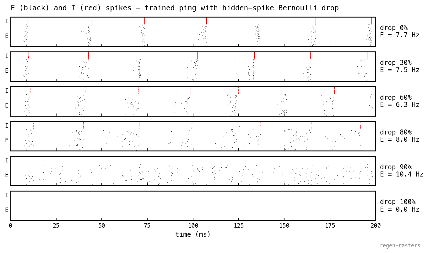 Stacked raster panels showing trained PING on MNIST digit 0 across six drop levels (0%, 30%, 60%, 80%, 90%, 100% of emitted spikes); E spikes in black, I spikes in red. At low drop the gamma cycle is intact; at high drop spikes are thinned but the cycle persists until total silencing at 100%.