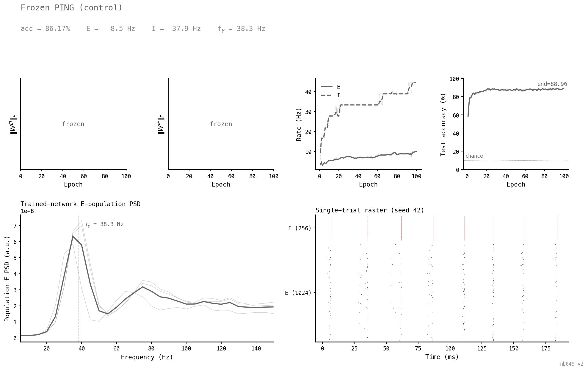 Diagnostic card for the frozen control. Top strip: |W_ei|_F and |W_ie|_F are flat across all 100 epochs (frozen by construction). E rate climbs from ≈ 7 Hz at epoch 1 to ≈ 9 Hz; I rate climbs from ≈ 11 Hz to ≈ 38 Hz. Accuracy reaches 86% by epoch 20 and plateaus. Bottom-left: PSD with a clean gamma peak at ≈ 38 Hz. Bottom-right: single-trial raster shows visible gamma bursts at ≈ 28 ms cadence in both E and I populations.